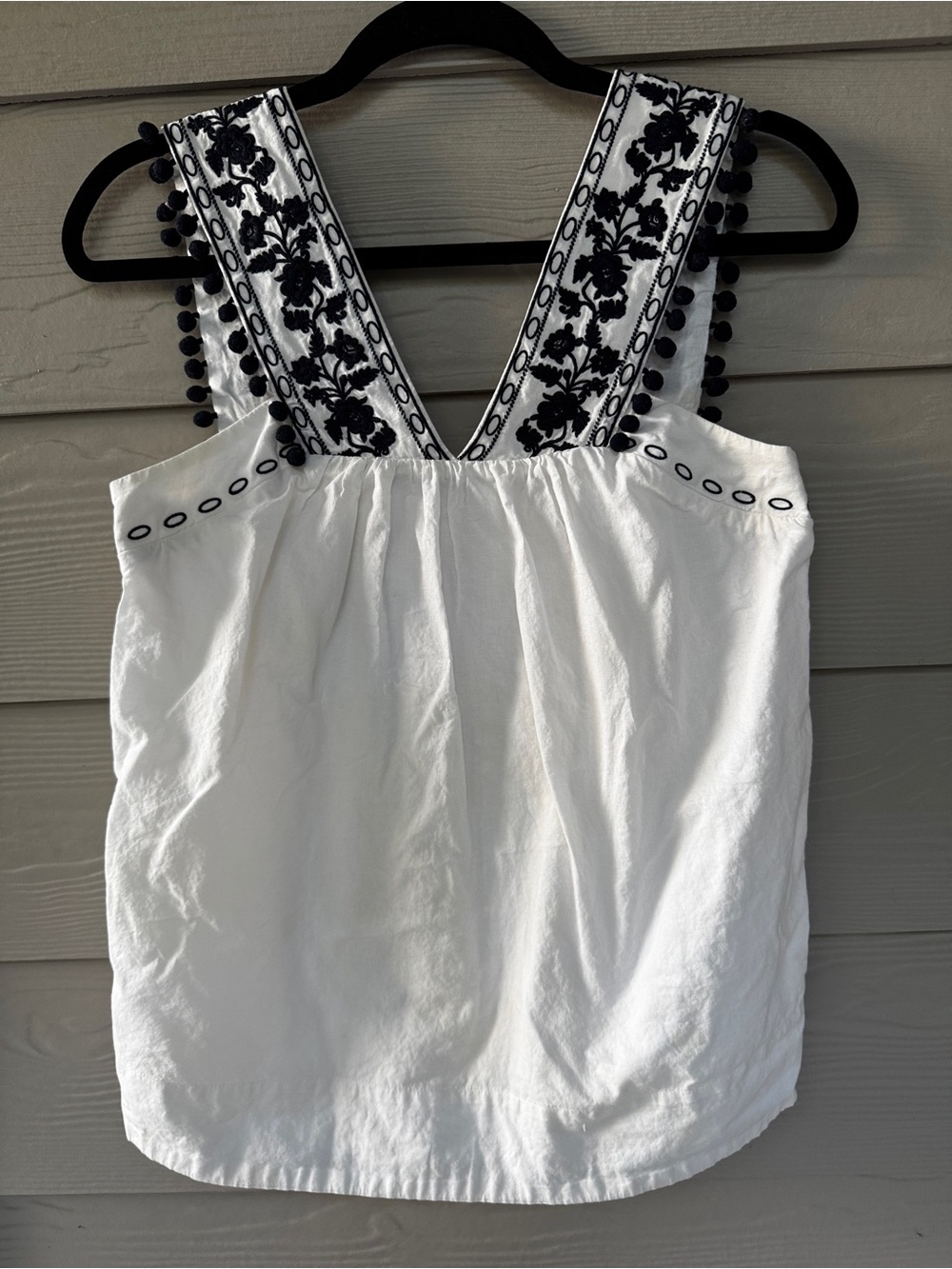 J.Crew factory Tank Top Size White Black Embroidered Pom Pom Cotton Sleeveless